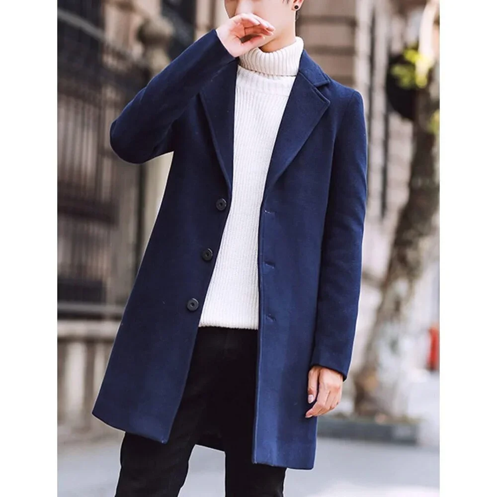 Men's Navy Wool Blend Pea Coat Notched Collar Single Breasted Overcoat